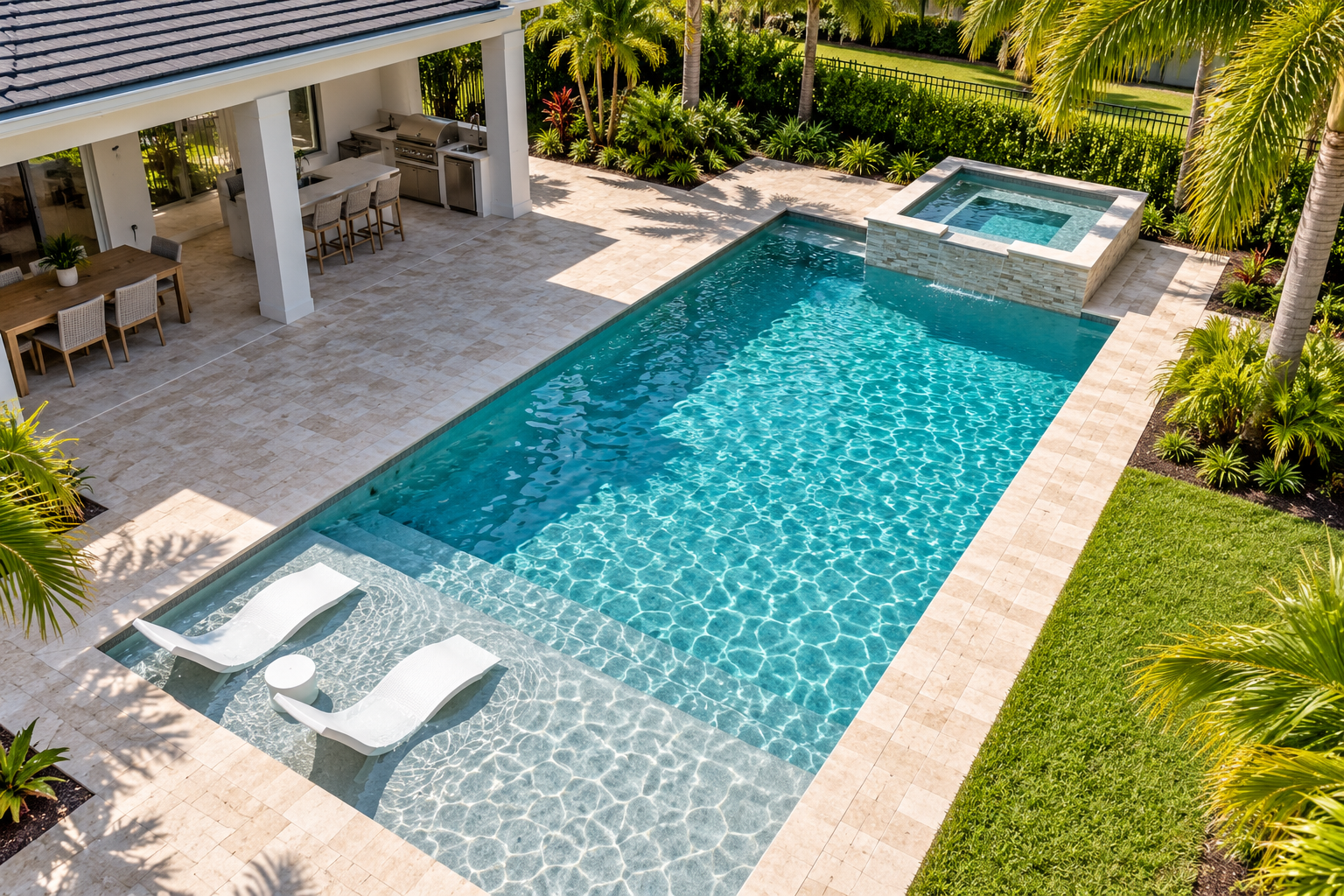 Illustrative finished swimming pool with a sun shelf and landscaped backyard