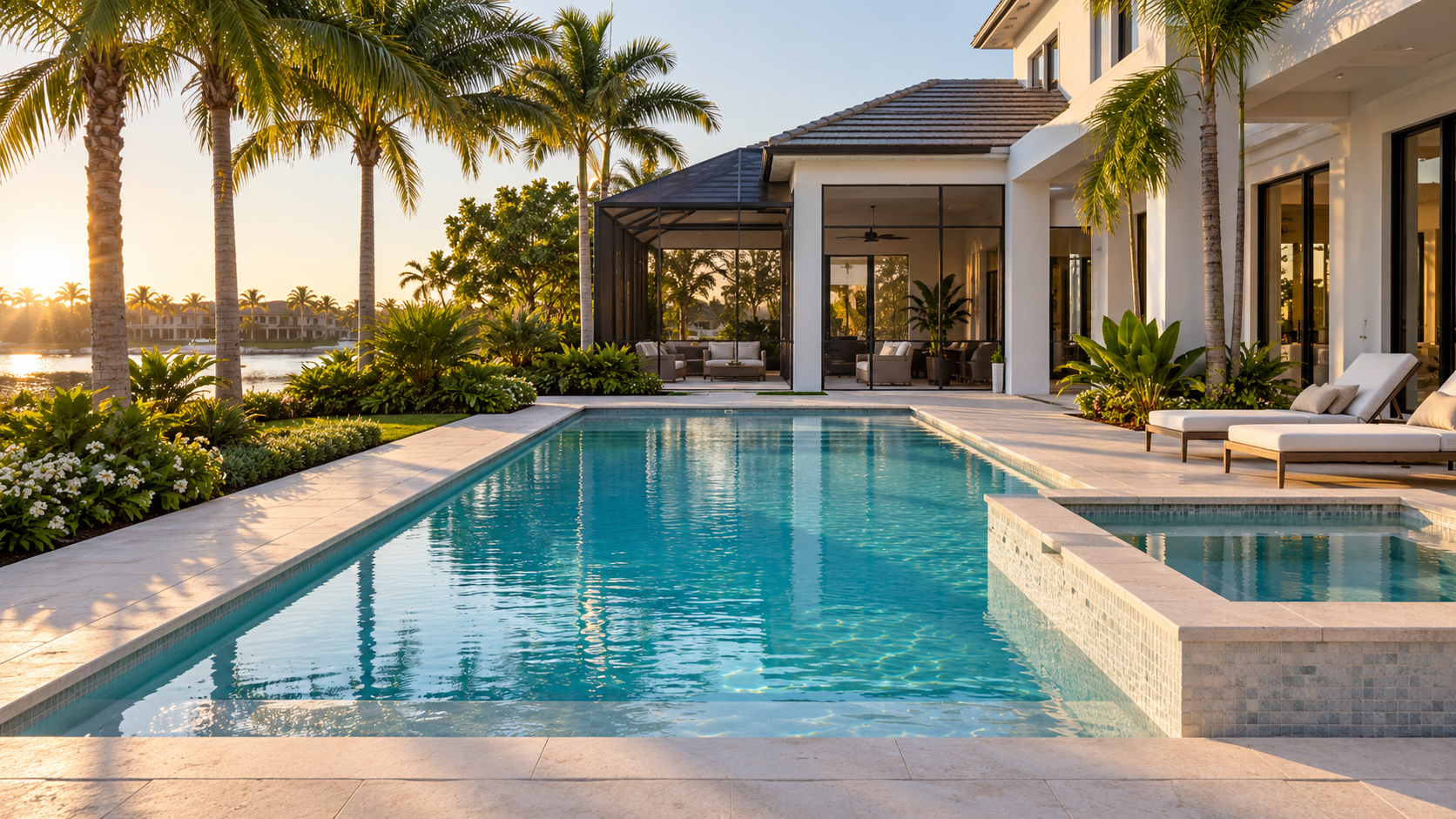 Illustrative completed Florida backyard pool with turquoise water and a contemporary home